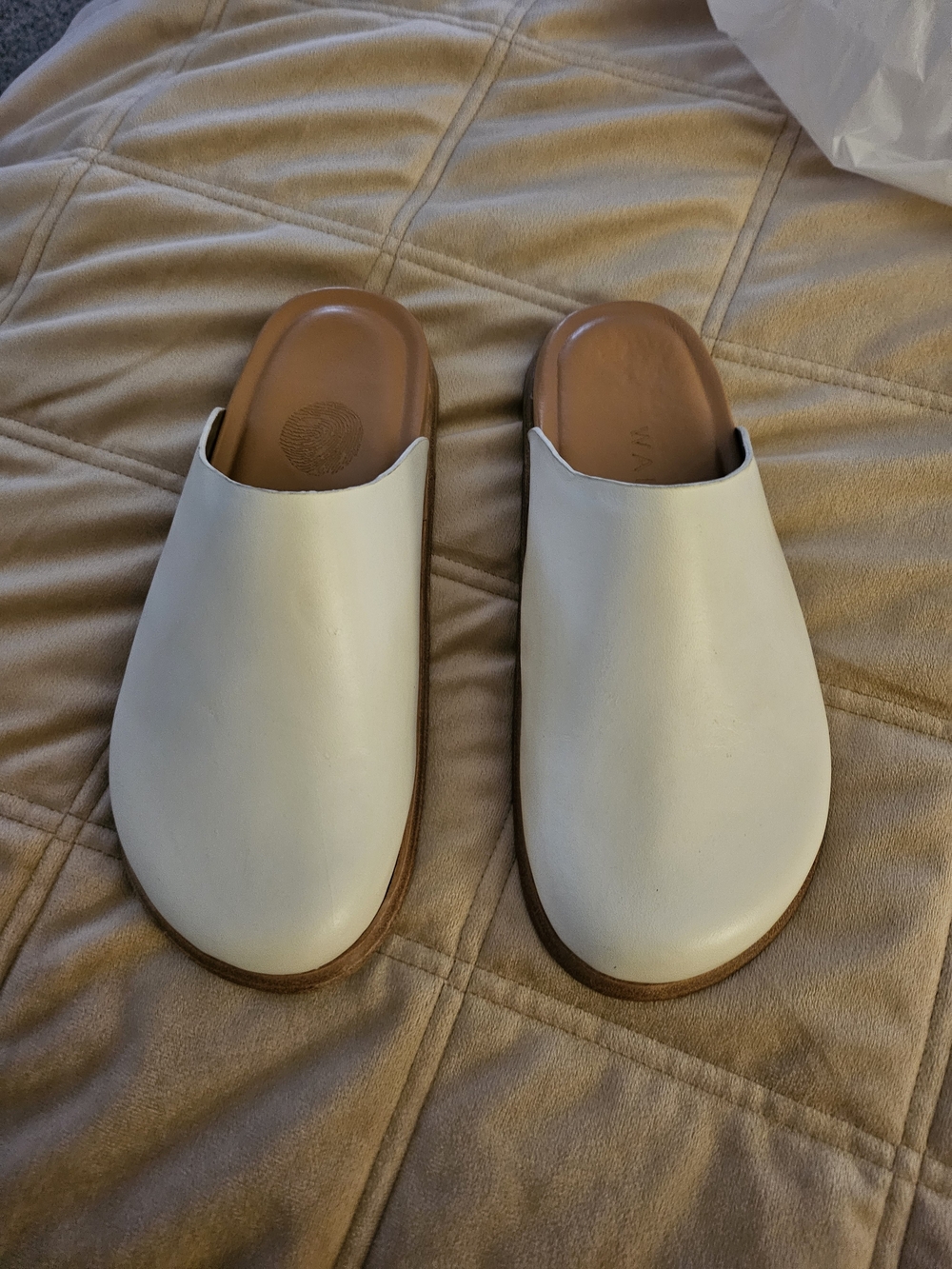 Women's White Leather Slip-On Mules with Tan Footbed